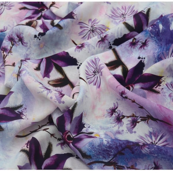 Purple Floral Linen Viscose Blend Fabric For Girls Dress Garment- 1/2 yard