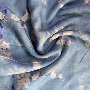 100% Ramie Fabric Little White Flower On Blue Ramie For Summer Dress Blouse