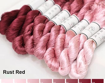 Pure silk thread for embroidery, Rust Red Shades Untwisted Flat Silk Embroidery Thread, Hand Dyed Embroidery Thread