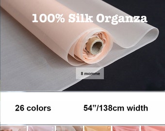 26 colori - Tessuto in organza di seta tinta unita 8 Momme 100% seta 54"/138 cm di larghezza