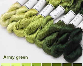 Green Pure silk thread for embroidery, Army Green Shades Untwisted Flat Silk Embroidery Thread, Hand Dyed Embroidery Thread