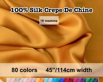 80 Colors- Solid 100% Mulberry Silk Crepe De Chine Fabric 16 momme 114cm width