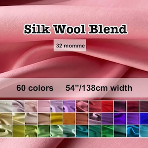May include: Pink silk wool blend fabric with the text "Silk Wool Blend". The fabric is 54 inches (138cm) wide and available in 60 colors. The image also shows the text "32 momme".