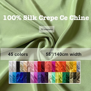 45 Colors- Solid 100% Silk Crepe De Chine Fabric Pure Silk 12 momme