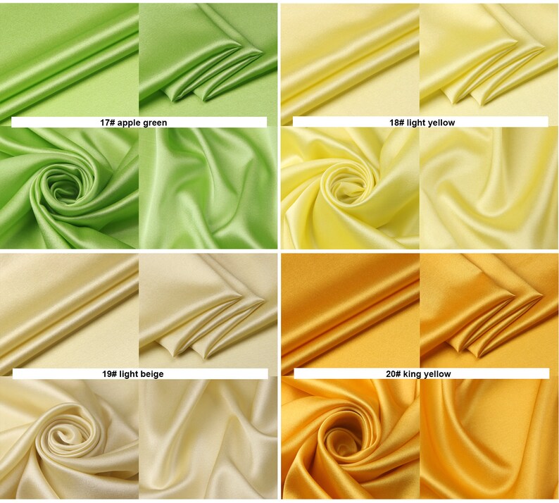 May include: Four swatches of silky fabric in different shades of yellow and green. The swatches are labeled with numbers and color names: 17# apple green, 18# light yellow, 19# light beige, and 20# king yellow.
