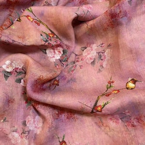 100% Ramie Fabric Plum Blossom Floral Birds On Dirty Pink For Summer Dress