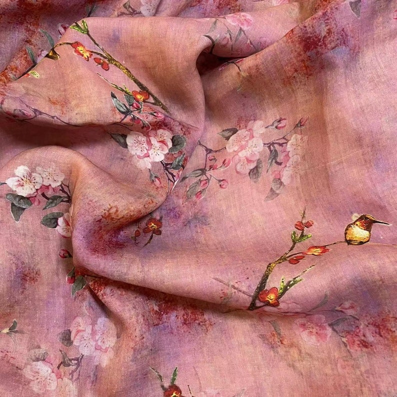 100% Ramie Fabric Plum Blossom Floral Birds On Dirty Pink For Summer Dress image 1