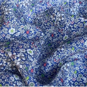 Pure 100% Ramie Fabric Little White Floral On Blue For Summer Dress Curtain Cushion- 1/2 yard