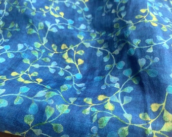 100% Ramie Fabric Tie Dye Styles Little Blue Yellow Leaves On Blue RamieFor Summer Dress- 1/2 yard