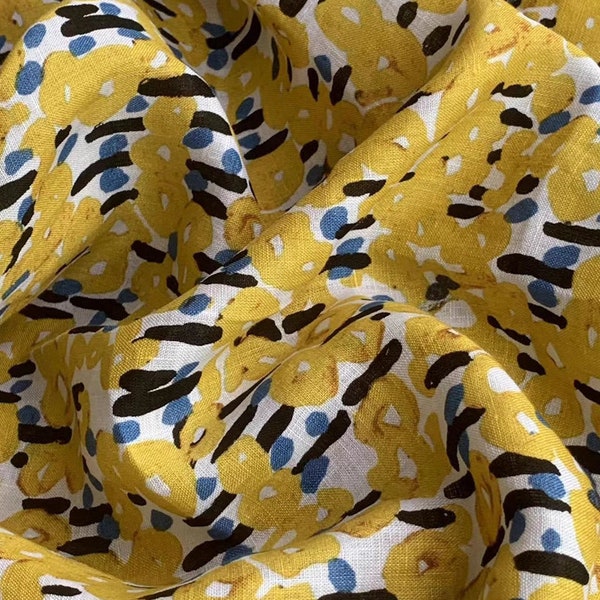 100% Linen Fabric Yellow Floral Linen For Summer Dress Curtain Cushion- 1/2 yard