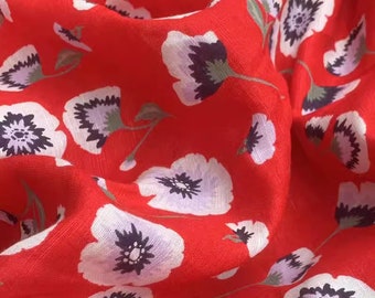 Red Floral Linen Cotton Fabric - White Flowers, Apparel Sewing (1/2 Yard)