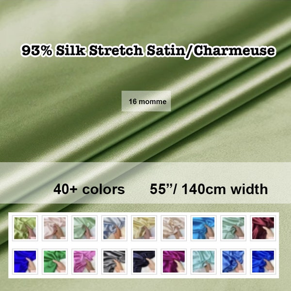 Plus de 40 couleurs - Satin de soie extensible unie en charmeuse, 16 momme, 140 cm (55 po.) de largeur