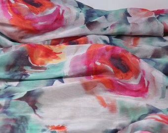 Silk Linen Blend Fabric Large Red Rose Flower For Summer Dress Blouse- 1/2 yard