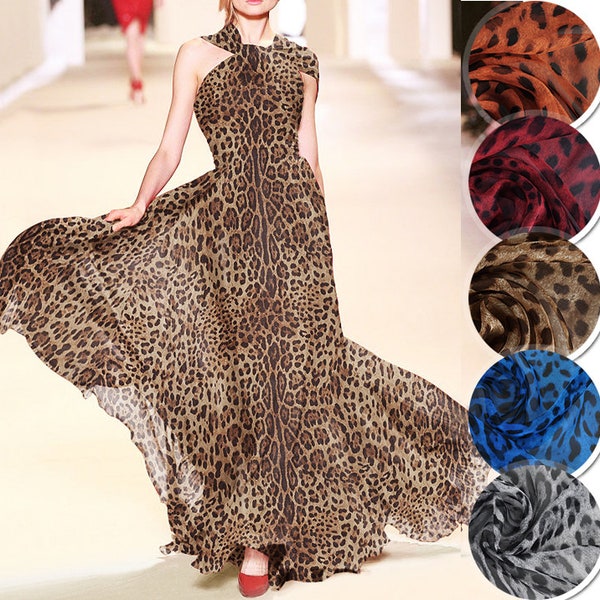 10 colors- Brown Rosy Blue Gray 100% Pure Silk Chiffon Leopard Print Fabric 6 m/m