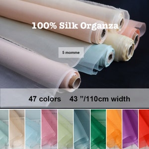 60+ Colors- Solid Organza Silk Fabric 100% Pure Silk 5 Momme 43&quot;/110cm width- 39&quot;/100cm