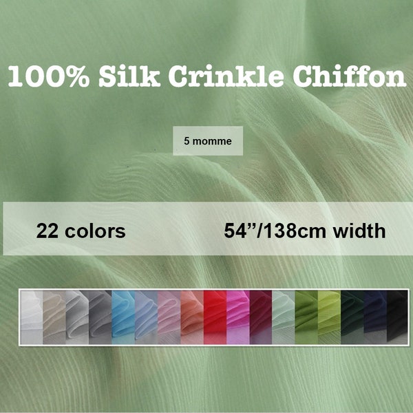 22 couleurs - mousseline de soie froissée unie 100% pure soie 5 Momme 55 "/ 140 cm de largeur