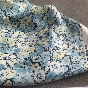 White Blue Cream Floral Linen Blend Fabric- Fabric by 1/2 yard