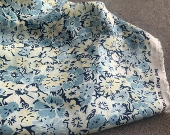 White Blue Cream Floral Linen Blend Fabric- Fabric by 1/2 yard