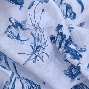 Thick 100% Linen Blue and White Floral Linen Fabric - 1/2 yard