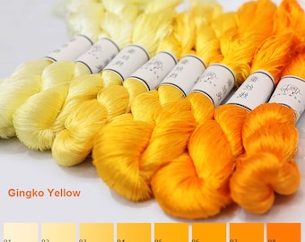 Pure silk thread for embroidery, Gingko Yellow Shades Untwisted Flat Silk Embroidery Thread, Hand Dyed Embroidery Thread