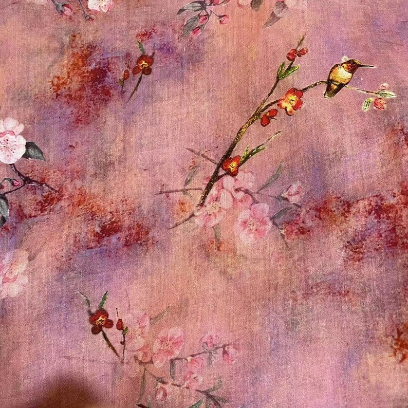 100% Ramie Fabric Plum Blossom Floral Birds On Dirty Pink For Summer Dress image 2