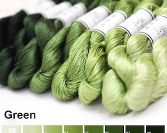 Green Pure silk thread for embroidery, Green Shades Untwisted Flat Silk Embroidery Thread, Hand Dyed Embroidery Thread