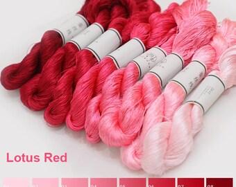 Pure silk thread for embroidery, Lotus Red shades Non-Twisted Flat Silk Embroidery Thread, Hand Dyed Embroidery Thread