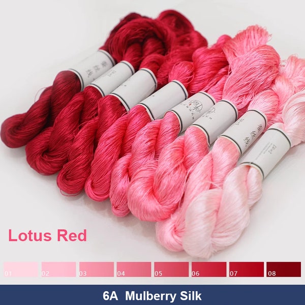 Pure silk thread for embroidery, Lotus Red shades Non-Twisted Flat Silk Embroidery Thread, Hand Dyed Embroidery Thread