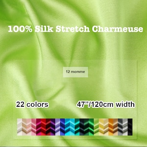 May include: 100% Silk Stretch Charmeuse fabric in a light green color. The fabric is 47 inches wide and comes in 22 colors. The fabric is 12 momme. The image shows a swatch of the fabric in each of the 22 colors.