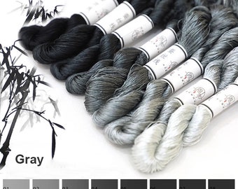 Pure silk thread for embroidery, Gray Grey Shades Untwisted Flat Silk Embroidery Thread, Hand Dyed Embroidery Thread