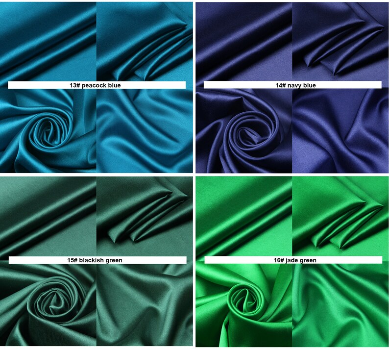 May include: Four swatches of fabric in different colors: peacock blue, navy blue, blackish green, and jade green. The fabric is a smooth, silky satin.