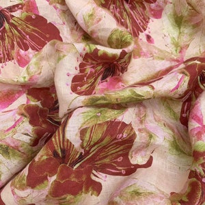 100% Linen Fabric Large Dark Red Blue Floral Thick Linen For Garment- 1/2 yard