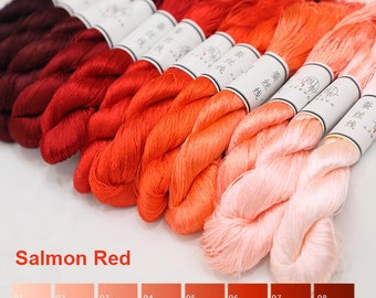 Pure silk thread for embroidery, Salmon Red shades Non-Twisted Flat Silk Embroidery Thread, Hand Dyed Embroidery Thread