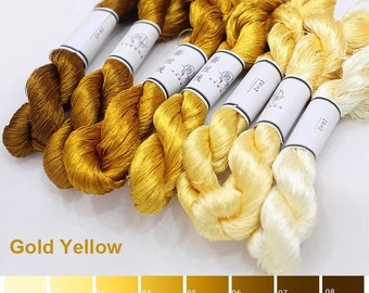 Pure silk thread for embroidery, Gold Yellow Shades Untwisted Flat Silk Embroidery Thread, Hand Dyed Embroidery Thread