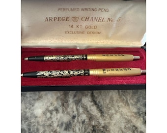 AUTHENTIC Arpege Chanel No 5 Solid 14K Gold Filigree Perfume Writing Pens .  Original Box MINT No Dents 