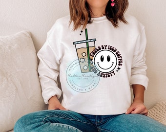 Fueled By Iced Coffee And Anxiety PNG | Trendy | Positive | Aesthetic | T-Shirt Design | Mug Design | Coffee | Mental Health