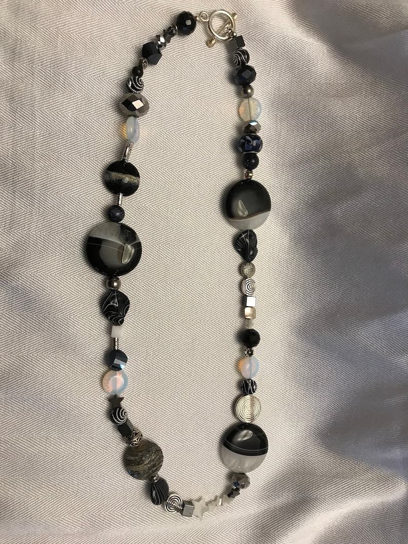 Black White Silver Neutral Statement Quirky Funky Chunky Boho Artsy Necklace
