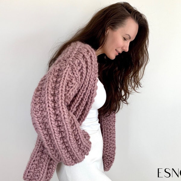 Chunky cardigan Knitting Pattern by ESNQ Knit | Seeded Rib cardigan Heather | Instant Download