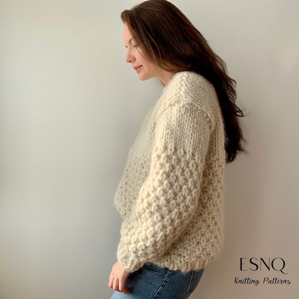 Easy knit pattern | Chunky sweater Frosty in Moss stitch | Knitting Pattern by ESNQ Knit | Instant Download |