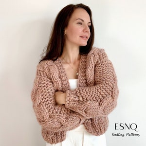 Chunky cardigan Knitting Pattern by ESNQ Knit | Cable knit cardigan Sequoia | Beginner friendly | PDF with Video
