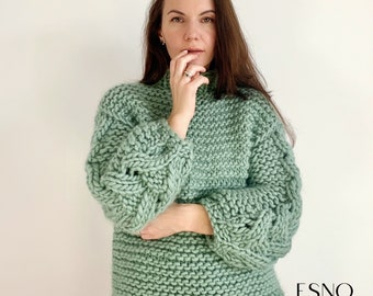 Easy knit pattern | Chunky sweater Knitting Pattern by ESNQ Knit | Fern sweater with lace sleeves | Instant Download |