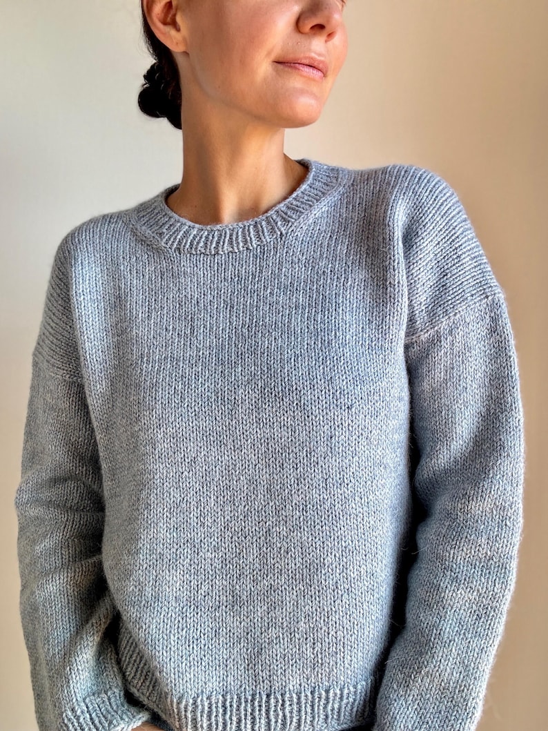 May include: A light blue knitted sweater with a crew neck.