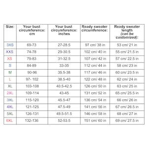 May include: A chart showing sweater sizes in inches and centimeters. The chart lists bust measurements in inches and centimeters, ready sweater circumference in centimeters and inches, and ready sweater length in centimeters and inches. The chart also includes the size options: 3XS, XXS, XS, S, M, L, XL, 2XL, 3XL, 4XL, 5XL, and 6XL.