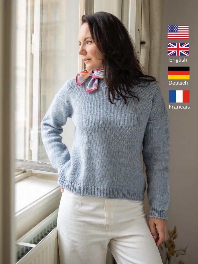 Drop in Dream sweater knitting pattern for beginners with video tutorial (Eng, De, Fr). image 2
