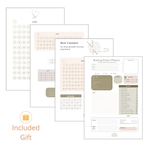 May include: Printable knitting project planner and row counter for a drop shoulder sweater. The planner includes sections for yarn, needles, gauge, notes, and a check list. The row counter has sections for the front, back, and left shoulder.