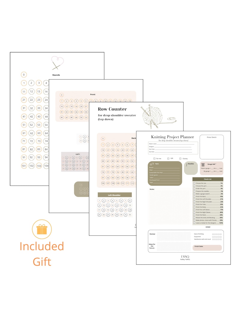 May include: Printable knitting project planner and row counter for a drop shoulder sweater. The planner includes sections for yarn, needles, gauge, notes, and a check list. The row counter has sections for the front, back, and left shoulder.