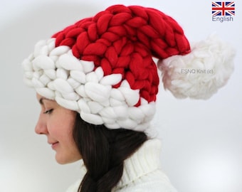 Santa hat Knitting pattern with video tutorial | Beginner level | Arm knit, no needles | ENG