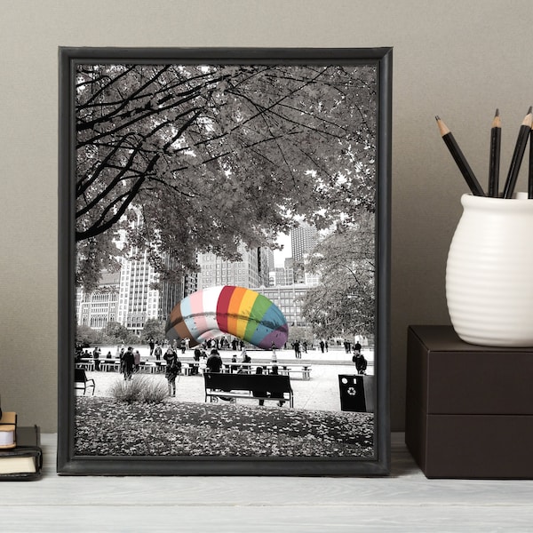 Chicago Pride Art Print | Cloud Gate | Chicago Bean | LGBTQ+ Inclusive Pride Flag Colors in a Row | Art Print in Multiple Sizes