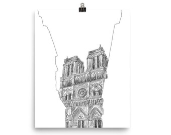 Notre Dame Cathedral Sketch Art Print | Notre Dame Drawing | Cathedral Art Print