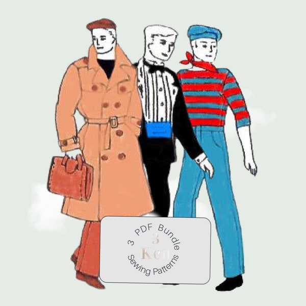 12 in Male fashion doll trench coat, tuxedo, paris themed PDF pattern bundle